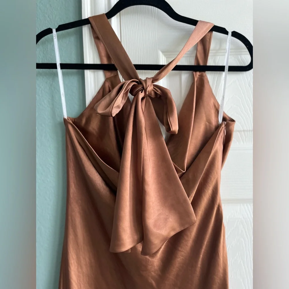 Lulus Sophisticated Impression Brown Satin Backless Cowl Midi Dress - Picture 4 of 7